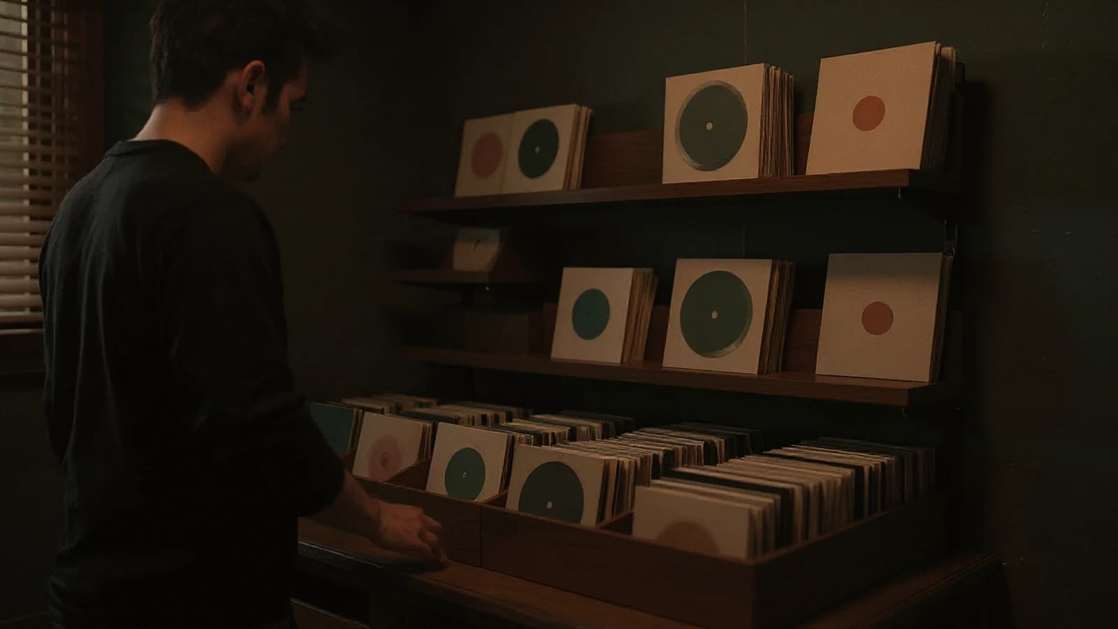A thoughtfully arranged record collection being sorted in a warmly lit room.
